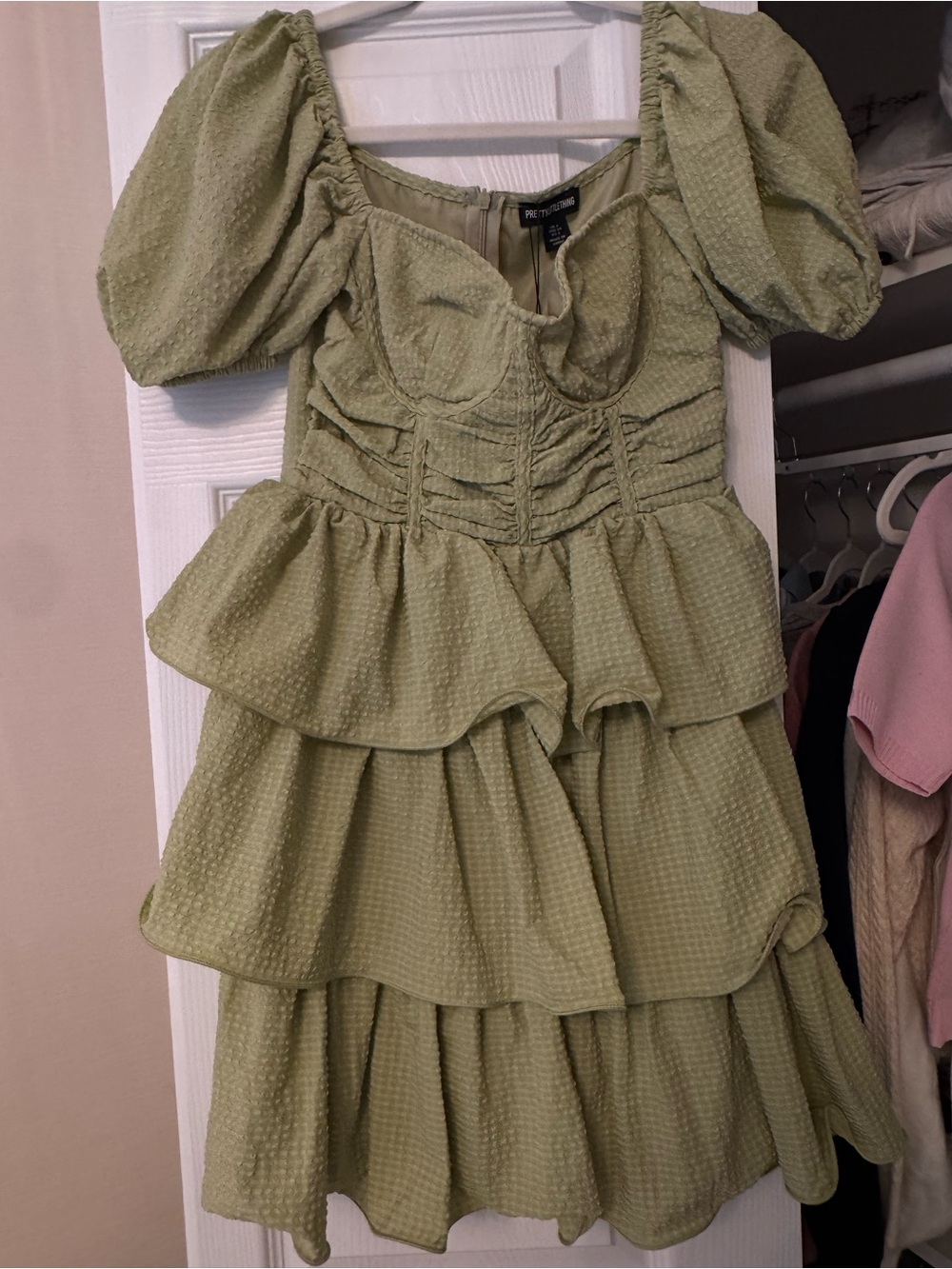 PrettyLittleThing Olive Green Tiered Mini Dress